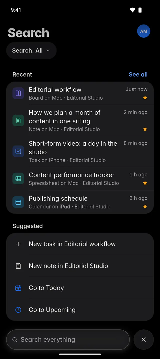 Search before typing, with recent items and suggested actions (an Android phone)