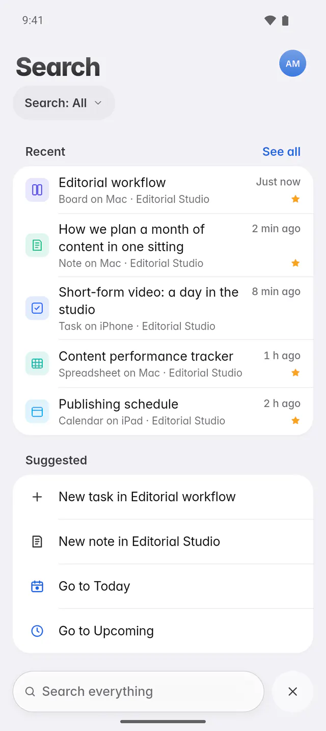 Search before typing, with recent items and suggested actions (an Android phone)