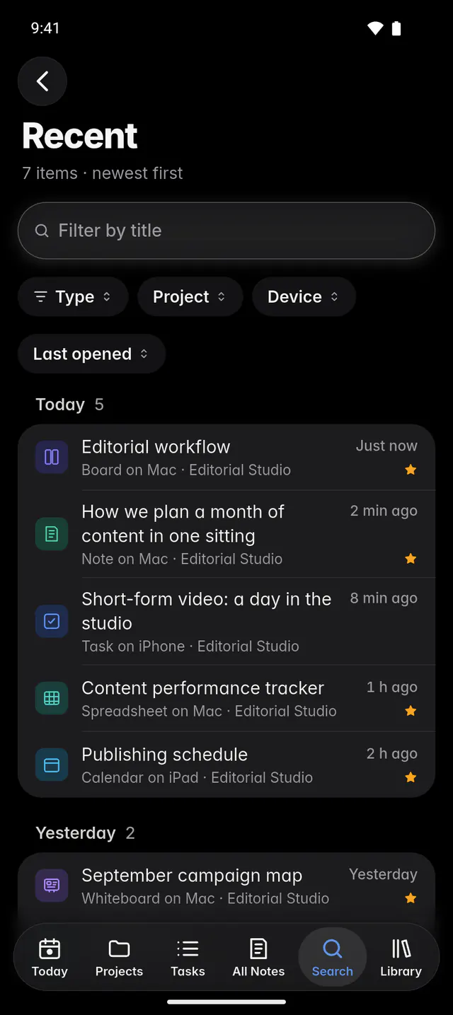 Recently opened, with filters for type, project, device and when each item was last opened (an Android phone)