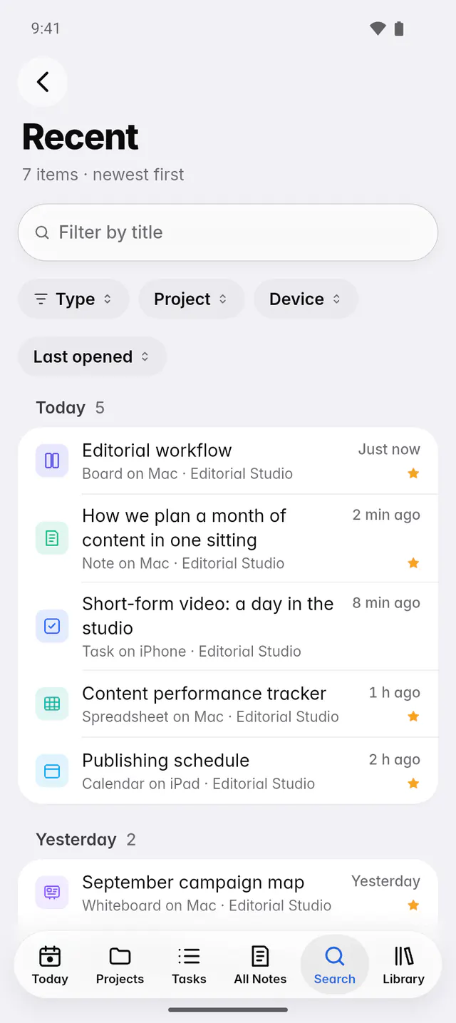 Recently opened, with filters for type, project, device and when each item was last opened (an Android phone)
