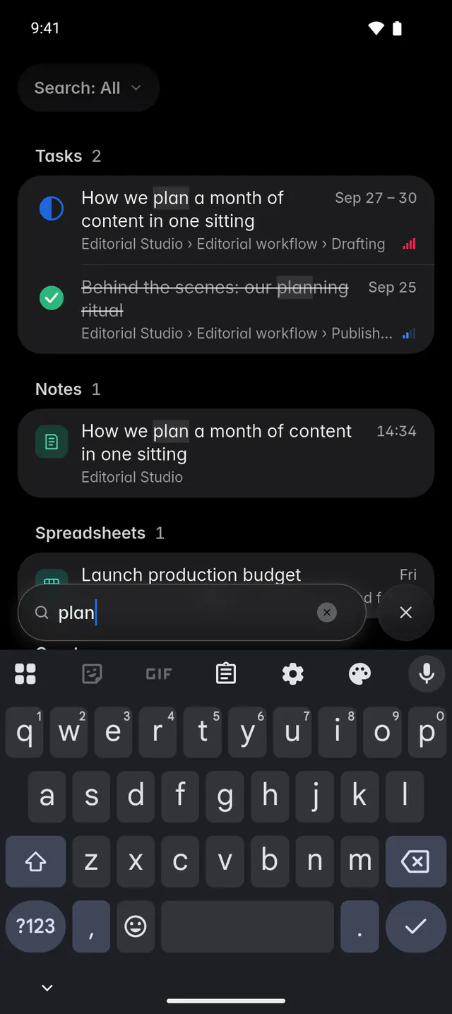 Search results for a word, grouped into tasks, notes and spreadsheets (an Android phone)
