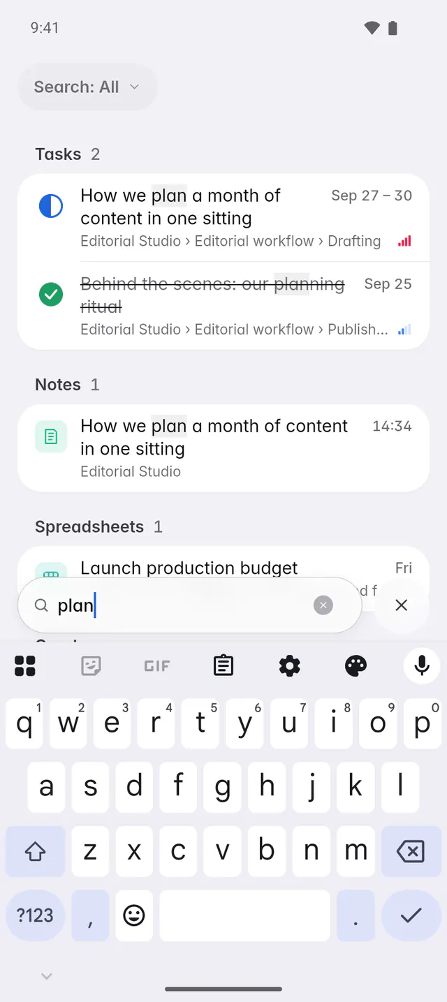 Search results for a word, grouped into tasks, notes and spreadsheets (an Android phone)