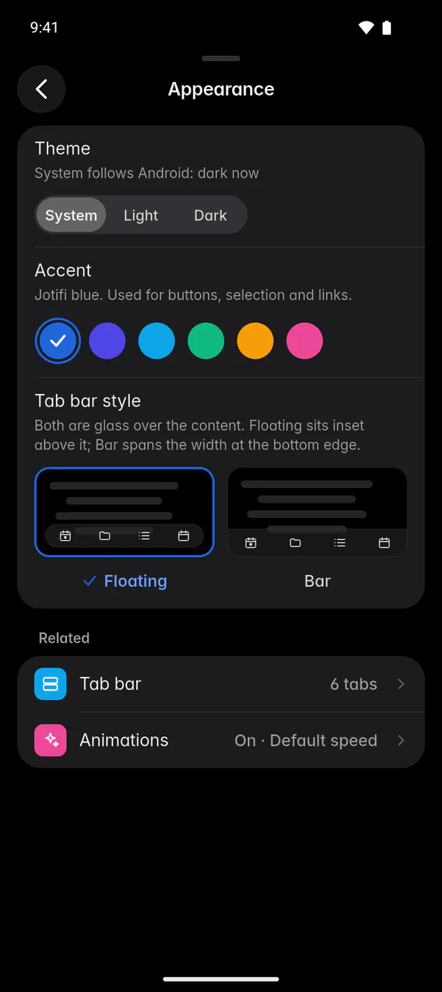 Appearance settings with the theme set to System and the six accent colours (an Android phone)