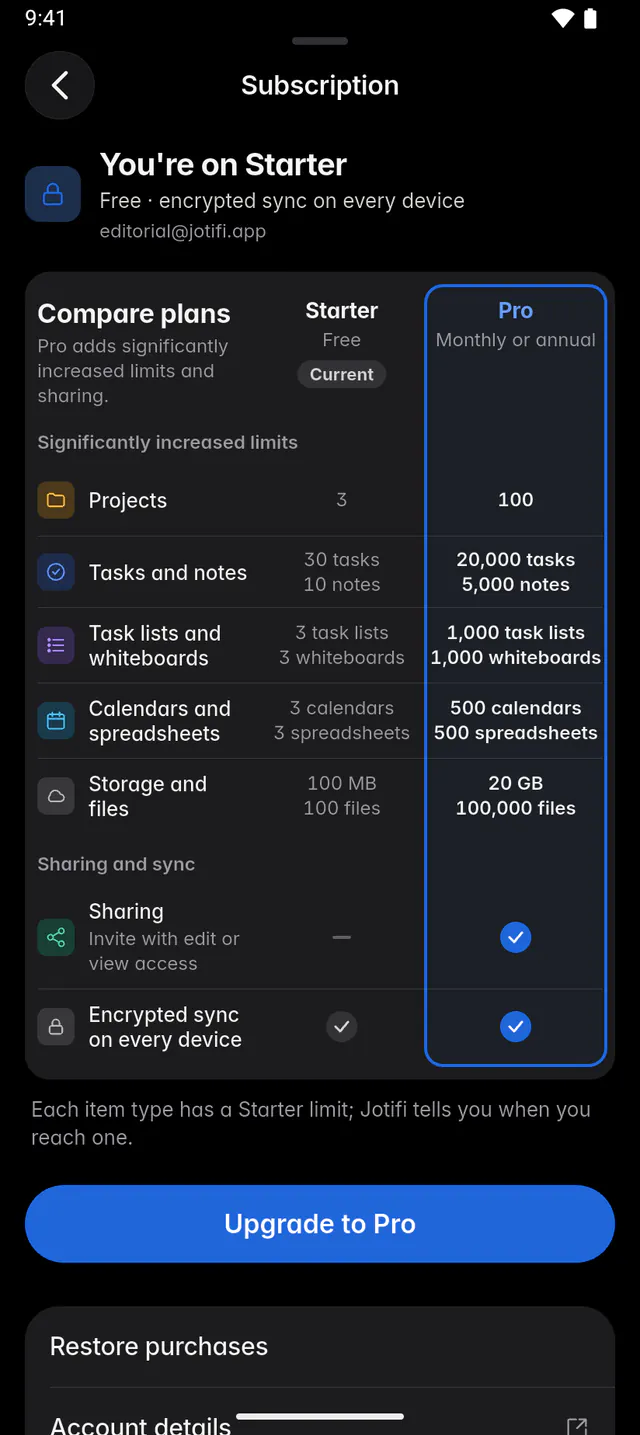 The Subscription page on Starter, with a comparison of the Starter and Pro plans and Upgrade to Pro (an Android phone)