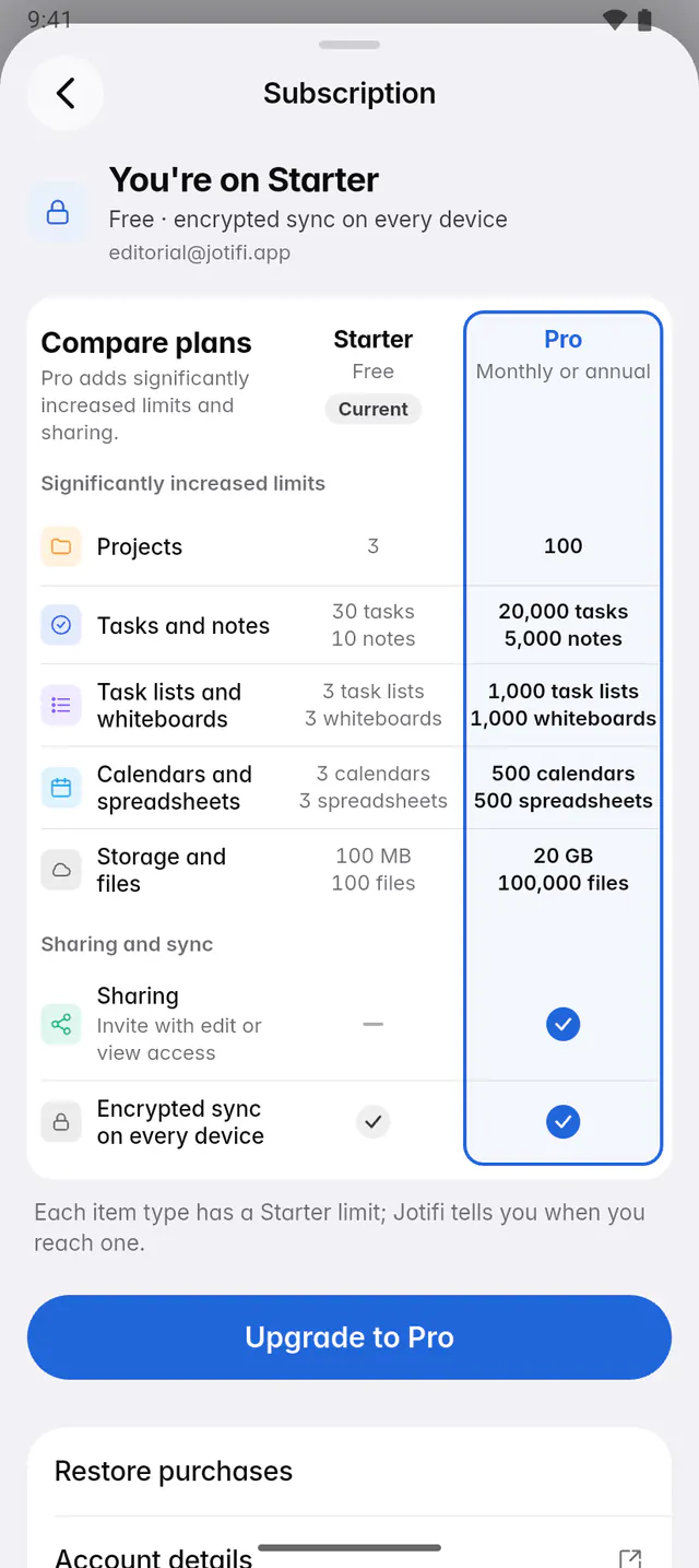 The Subscription page on Starter, with a comparison of the Starter and Pro plans and Upgrade to Pro (an Android phone)