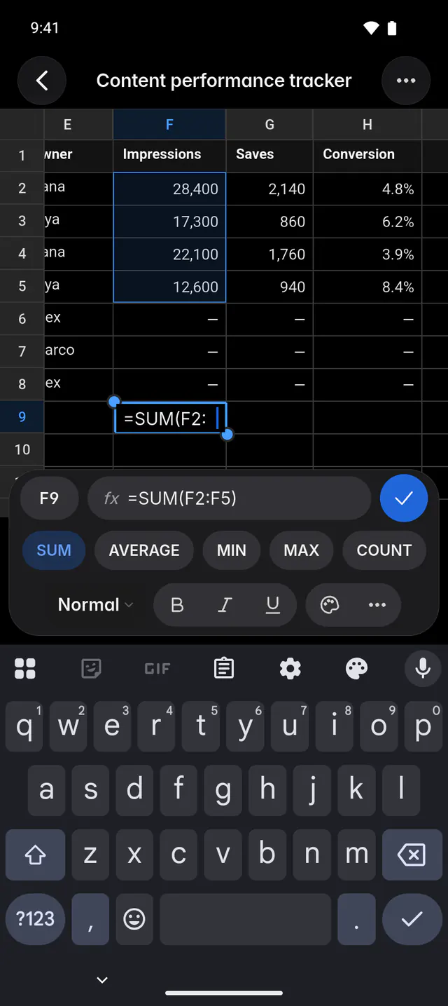 Editing a cell with a SUM formula, with the function buttons above the keyboard (an Android phone)