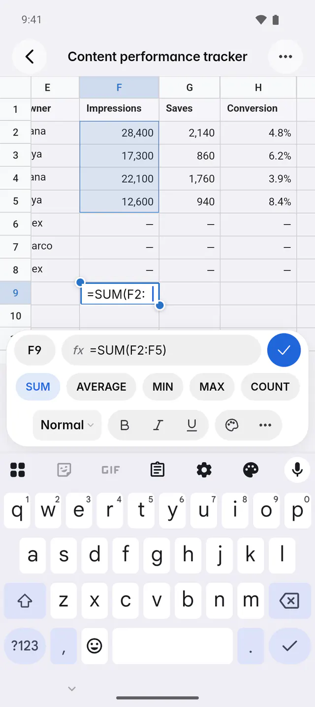 Editing a cell with a SUM formula, with the function buttons above the keyboard (an Android phone)