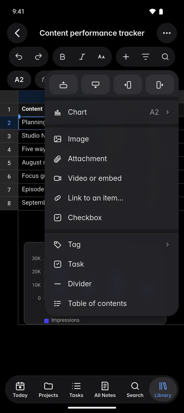 The Insert menu with rows, columns, charts and things to put in a cell (an Android phone)