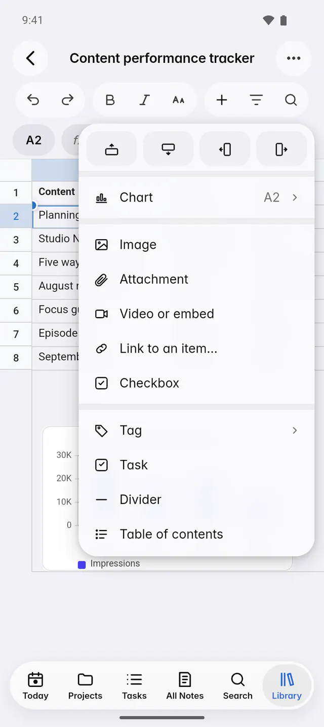 The Insert menu with rows, columns, charts and things to put in a cell (an Android phone)