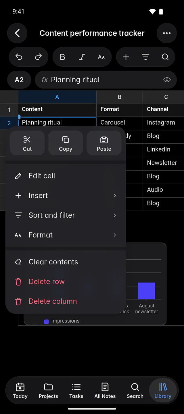 A cell's menu with clipboard, insert, sort, filter, format and delete options (an Android phone)