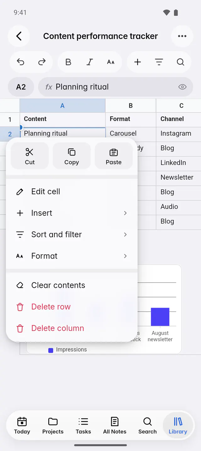 A cell's menu with clipboard, insert, sort, filter, format and delete options (an Android phone)
