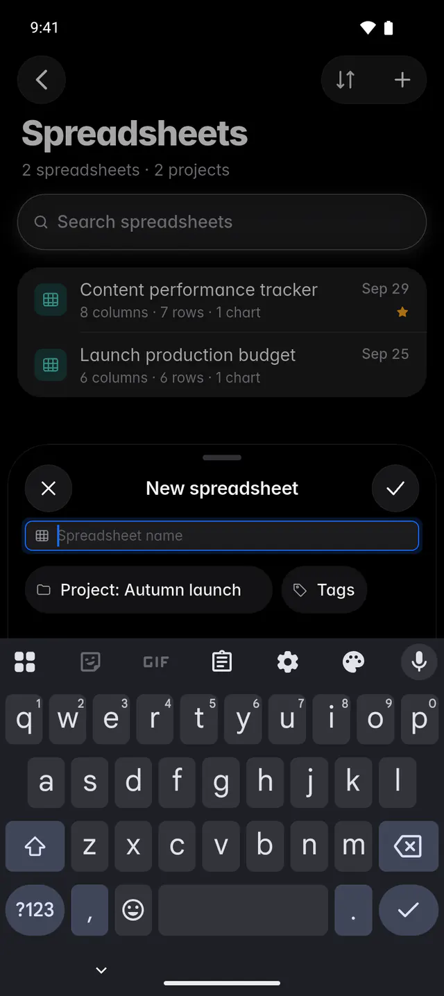 The New spreadsheet form with a name, the project and optional tags (an Android phone)