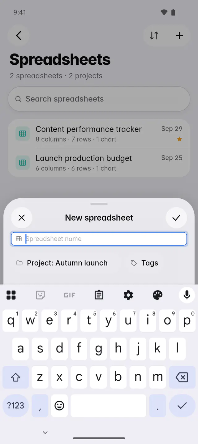 The New spreadsheet form with a name, the project and optional tags (an Android phone)