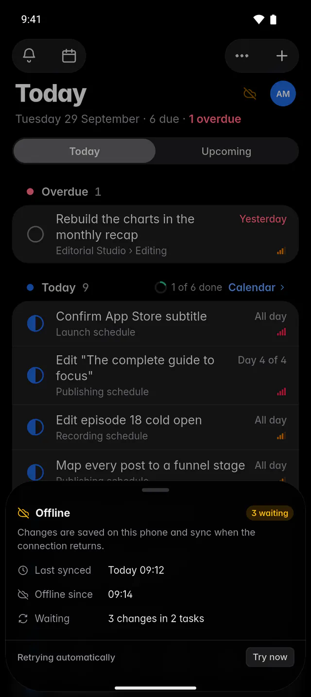 Sync details while offline: what is waiting to sync, when the device went offline and last synced, with Try now (an Android phone)