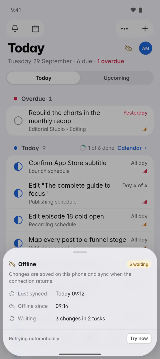Sync details while offline: what is waiting to sync, when the device went offline and last synced, with Try now (an Android phone)