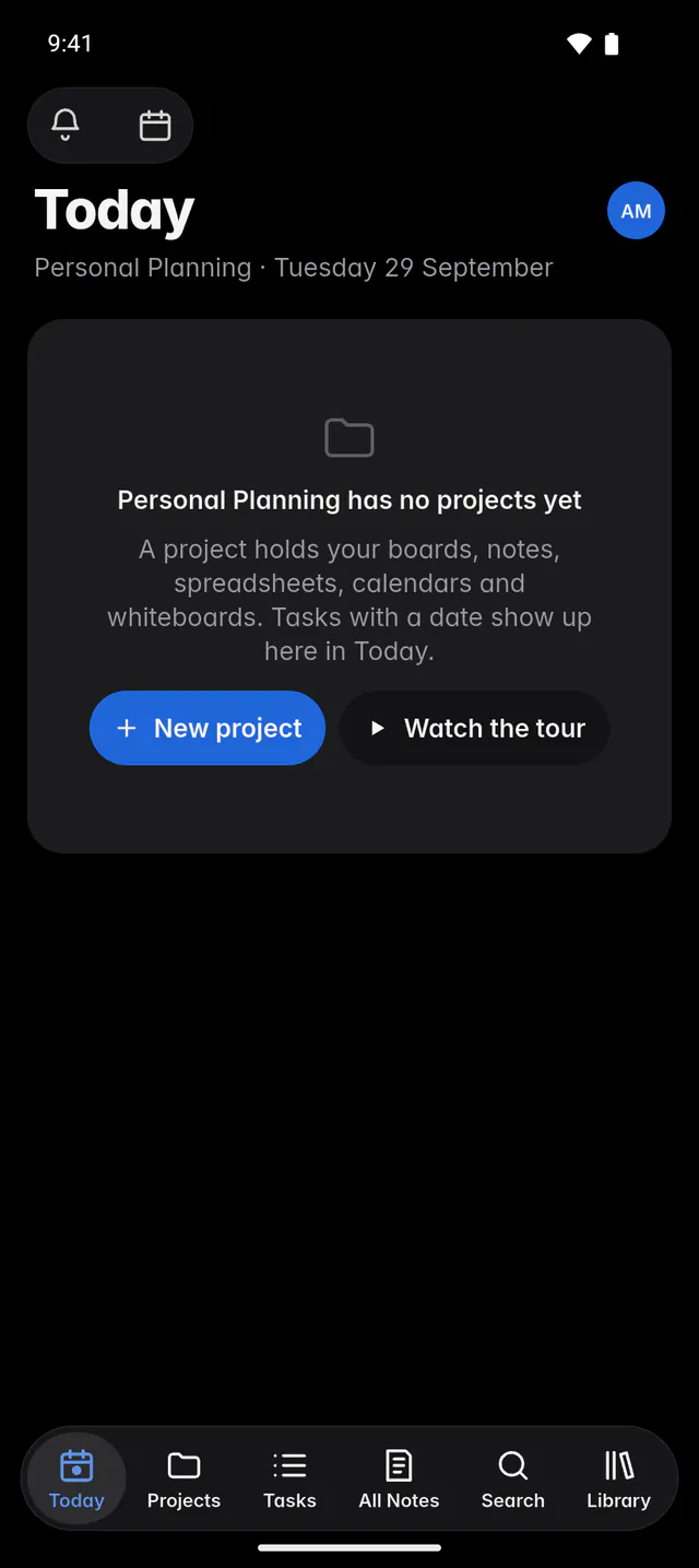 Today in a new workspace, saying it has no projects yet, with New project and Watch the tour (an Android phone)