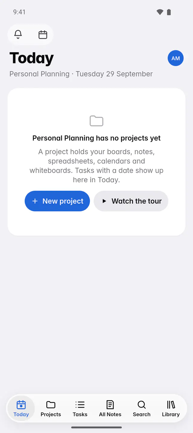 Today in a new workspace, saying it has no projects yet, with New project and Watch the tour (an Android phone)