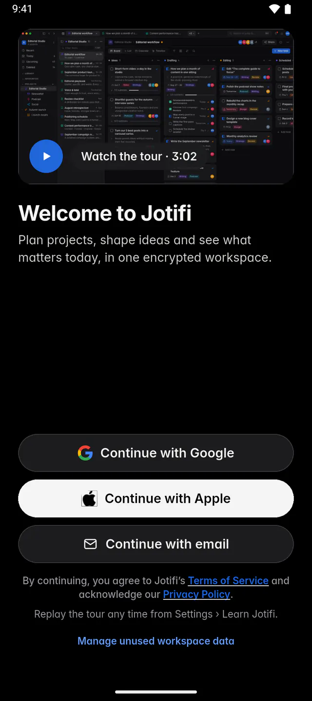 The Welcome to Jotifi screen with the tour and the Continue with Apple, Google and email buttons (an Android phone)