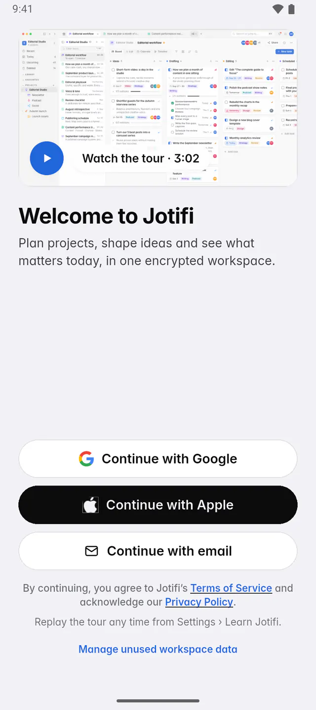 The Welcome to Jotifi screen with the tour and the Continue with Apple, Google and email buttons (an Android phone)