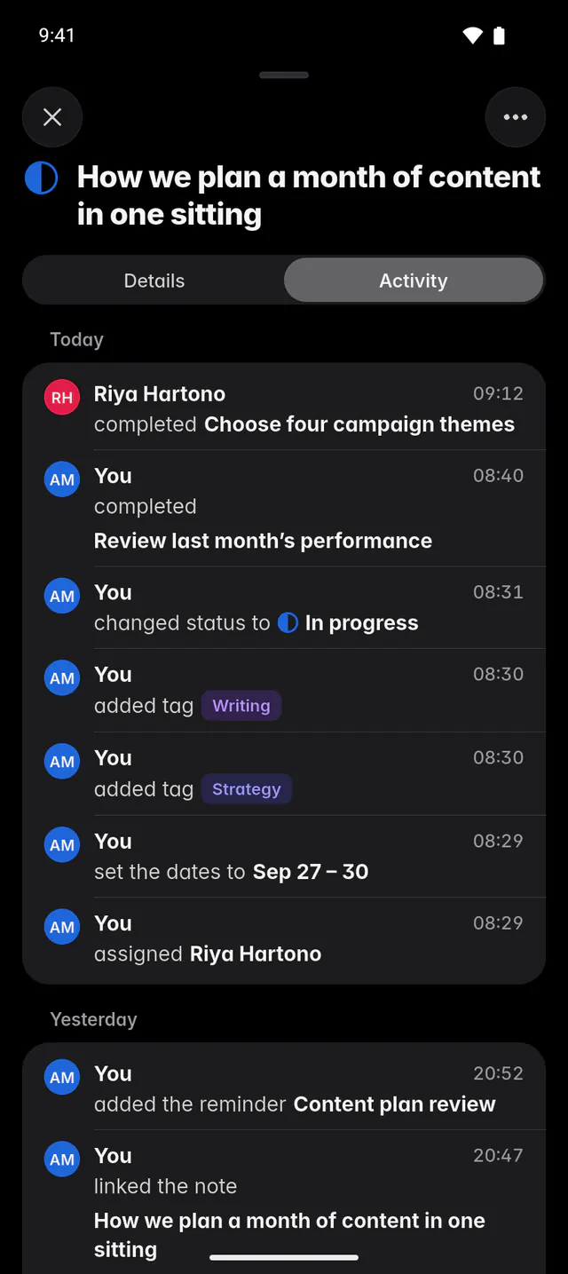 A task's Activity tab listing who completed, changed, tagged and assigned it, grouped by day (an Android phone)