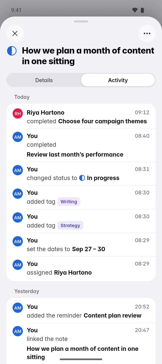 A task's Activity tab listing who completed, changed, tagged and assigned it, grouped by day (an Android phone)