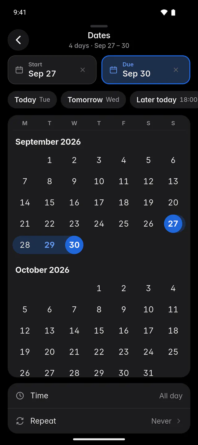 The dates picker with a start and a due date, quick choices, a month and the time and repeat settings (an Android phone)