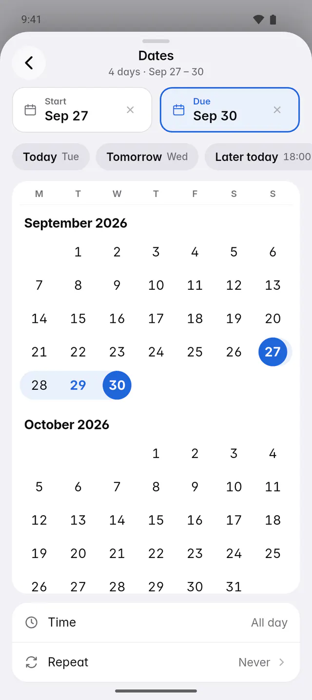 The dates picker with a start and a due date, quick choices, a month and the time and repeat settings (an Android phone)