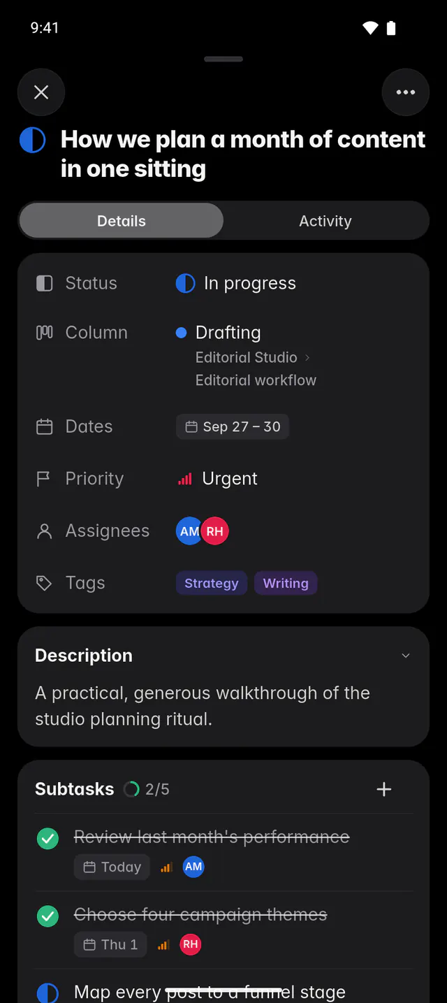 An open task with its status, column, dates, priority, people, tags, description and subtasks (an Android phone)