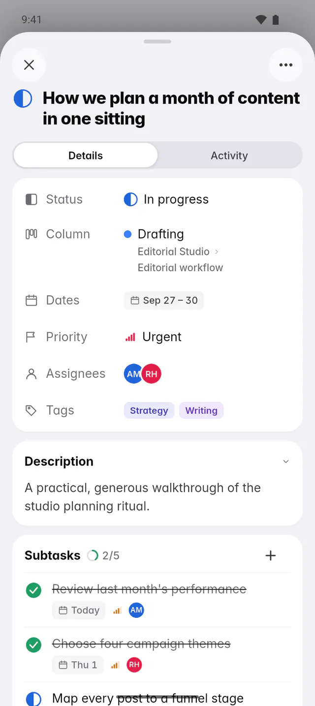 An open task with its status, column, dates, priority, people, tags, description and subtasks (an Android phone)
