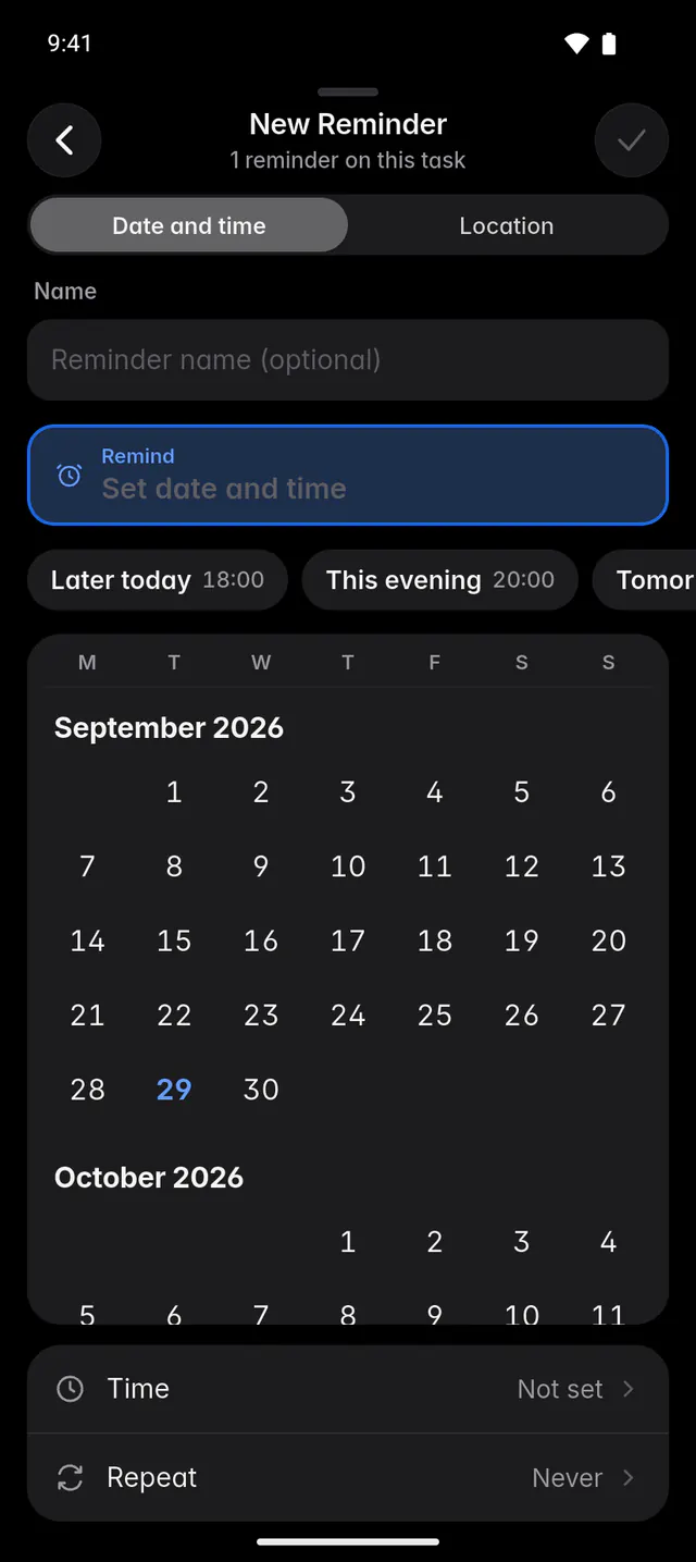 The reminder editor with Date and time selected, quick choices, a month and the time (an Android phone)