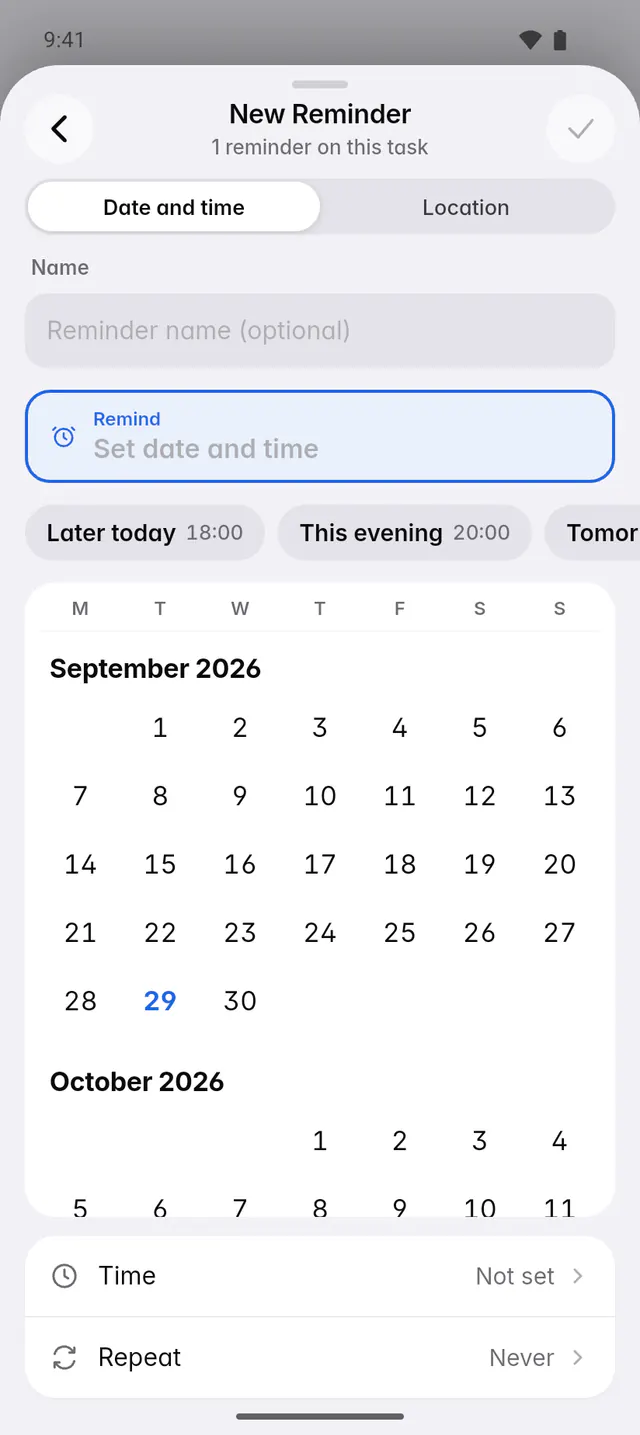 The reminder editor with Date and time selected, quick choices, a month and the time (an Android phone)