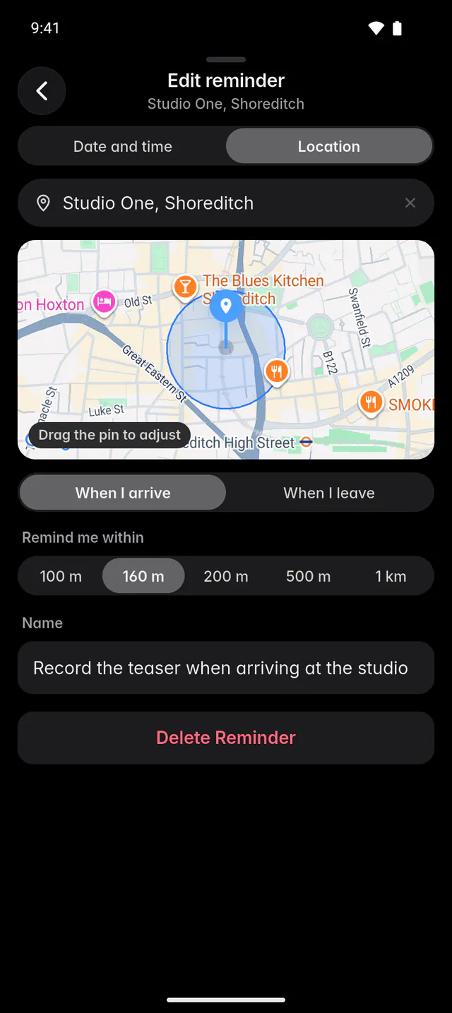 A place reminder with the address, a map pin, When I arrive or When I leave and the distance (an Android phone)
