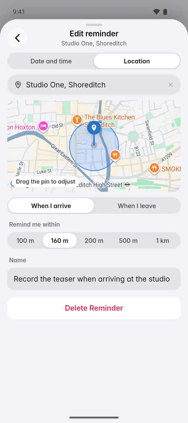 A place reminder with the address, a map pin, When I arrive or When I leave and the distance (an Android phone)