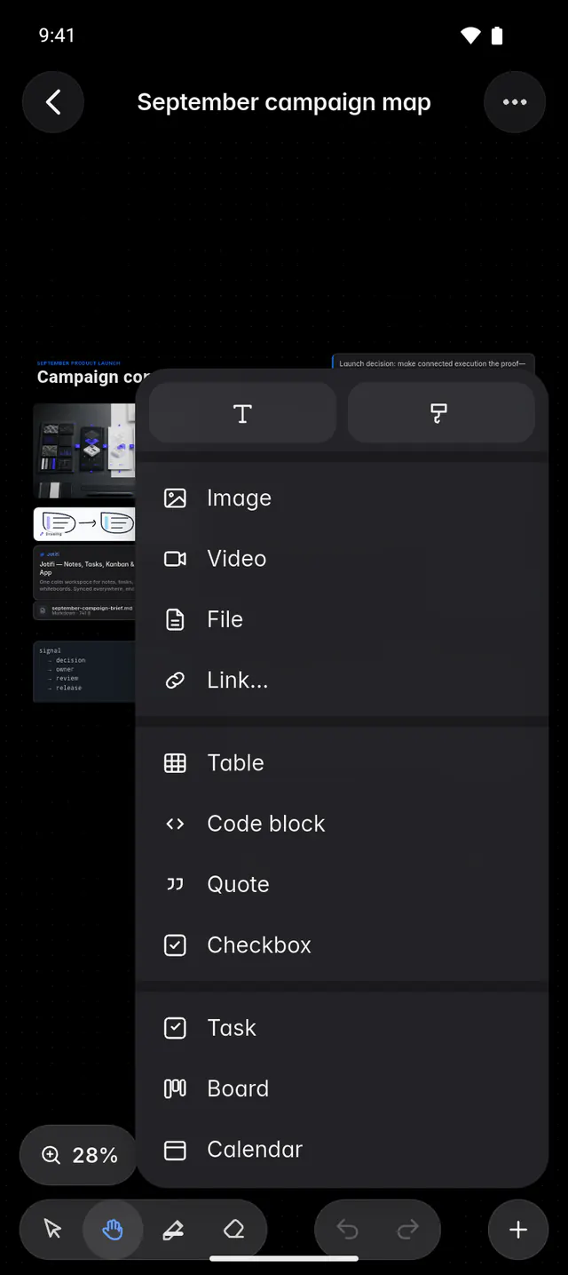 The Add menu with text and drawing, media, blocks and items from Jotifi (an Android phone)