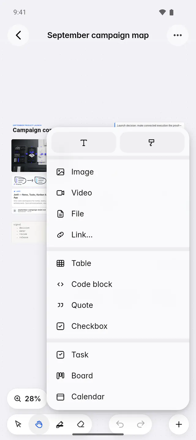 The Add menu with text and drawing, media, blocks and items from Jotifi (an Android phone)