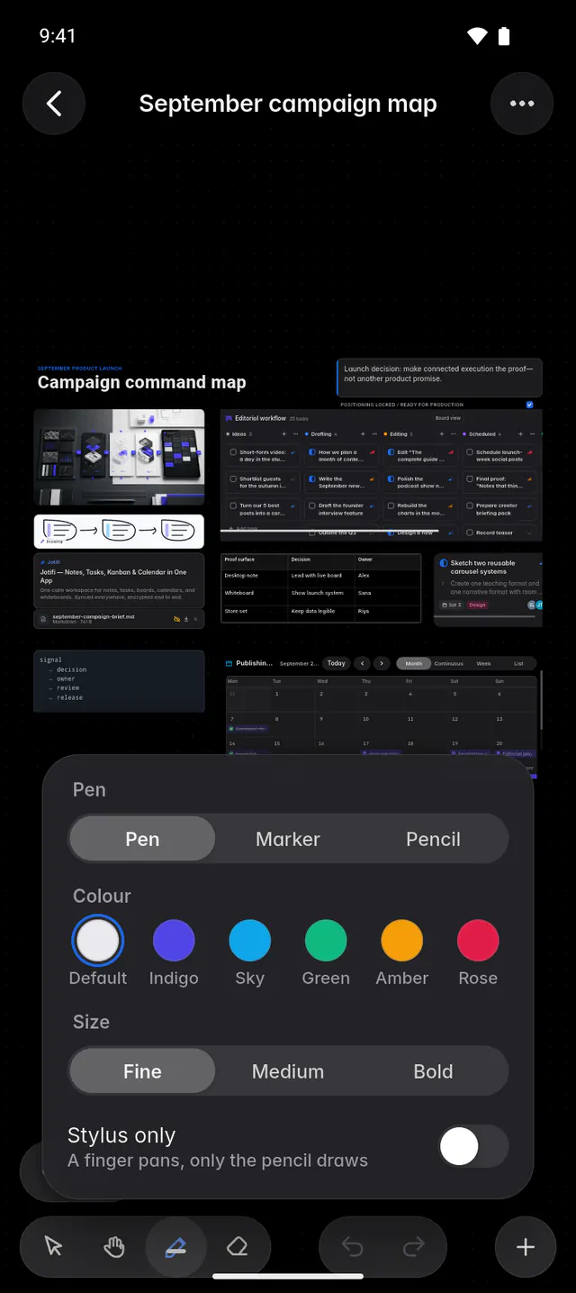 The ink options with Pen, Marker and Pencil, six colours and three sizes (an Android phone)
