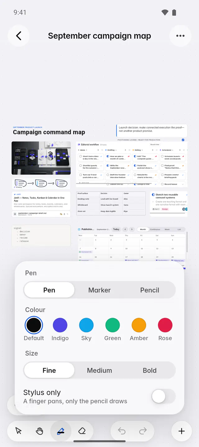 The ink options with Pen, Marker and Pencil, six colours and three sizes (an Android phone)
