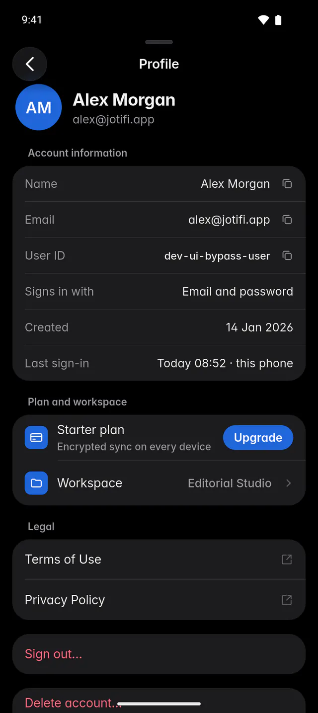The account page with the email address, user ID, sign-in method, plan and workspace (an Android phone)