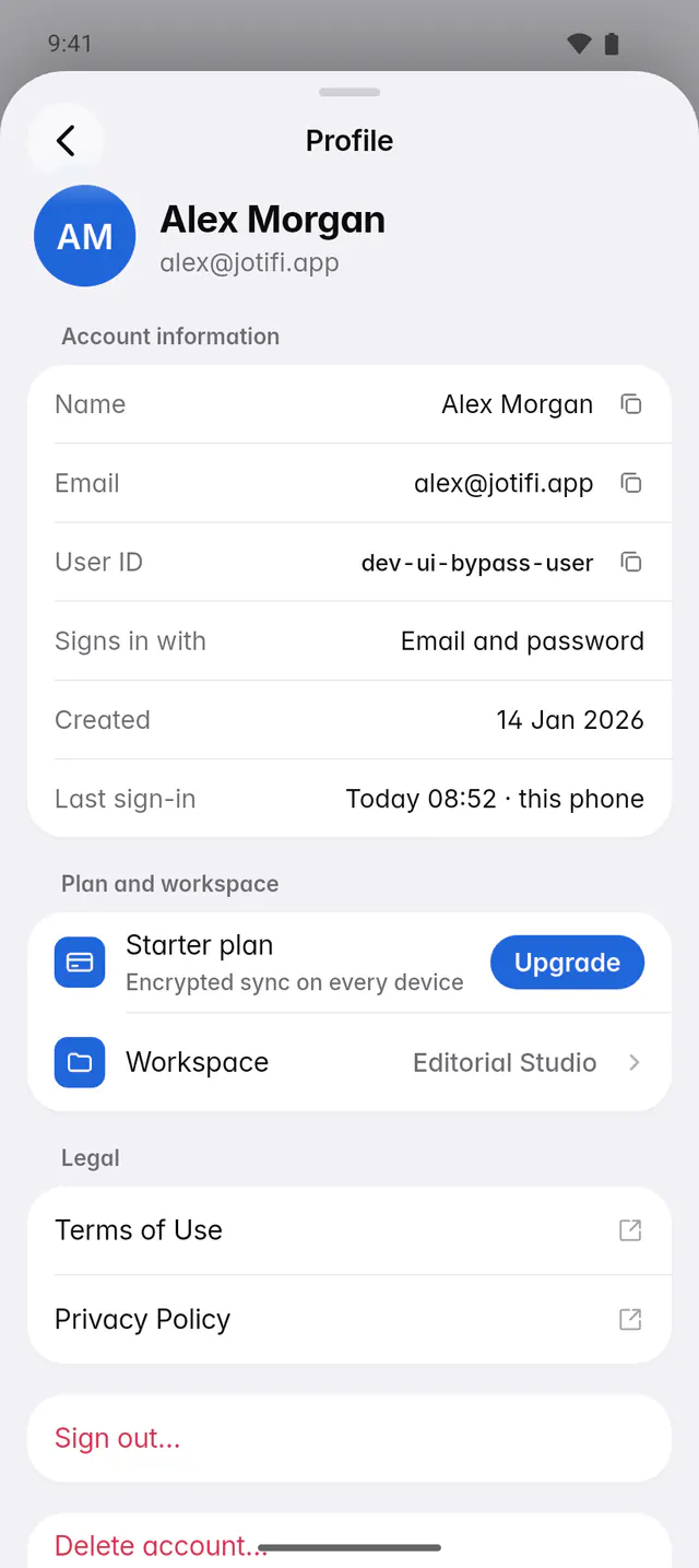 The account page with the email address, user ID, sign-in method, plan and workspace (an Android phone)