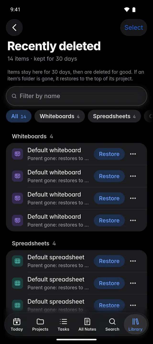 Recently deleted, grouped by type, with Restore beside each item (an Android phone)