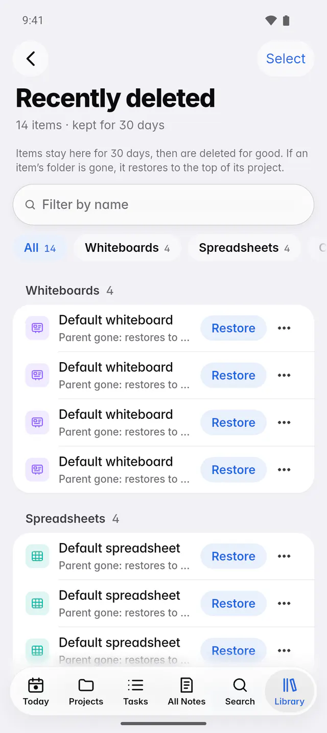 Recently deleted, grouped by type, with Restore beside each item (an Android phone)