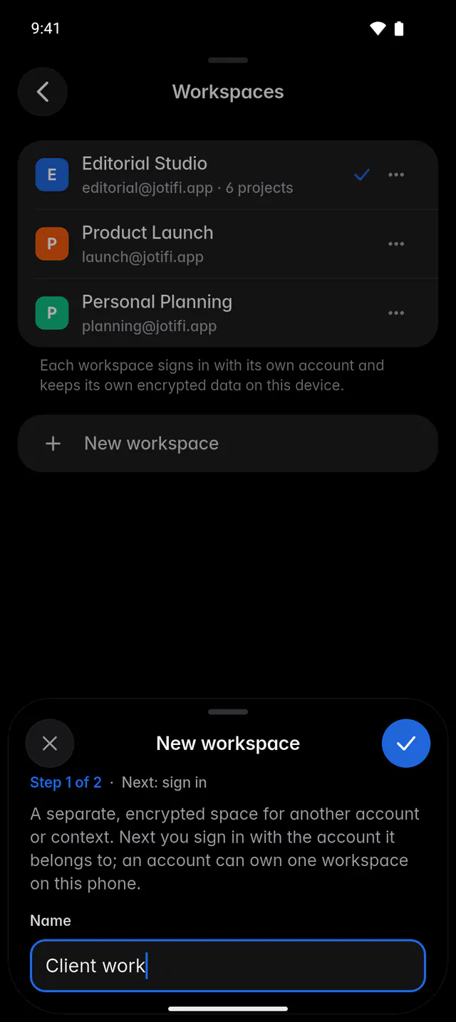 Step 1 of creating a workspace, with its name (an Android phone)