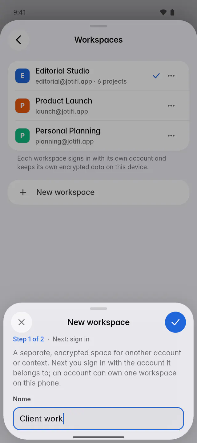Step 1 of creating a workspace, with its name (an Android phone)