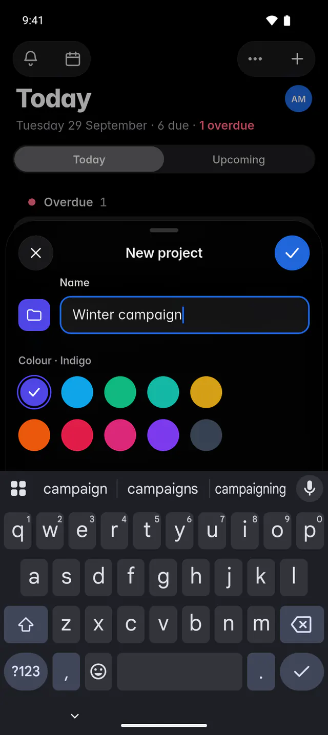The New project form with a name, ten colours and a grid of icons (an Android phone)