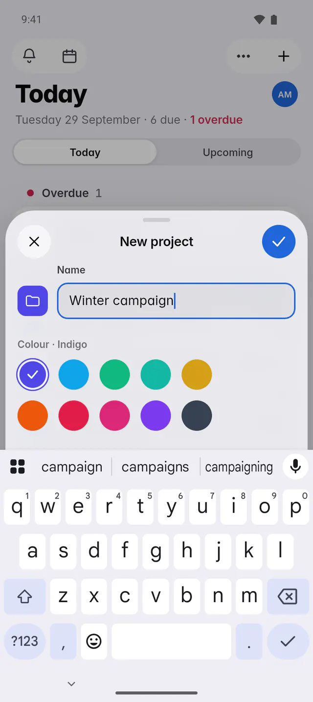 The New project form with a name, ten colours and a grid of icons (an Android phone)
