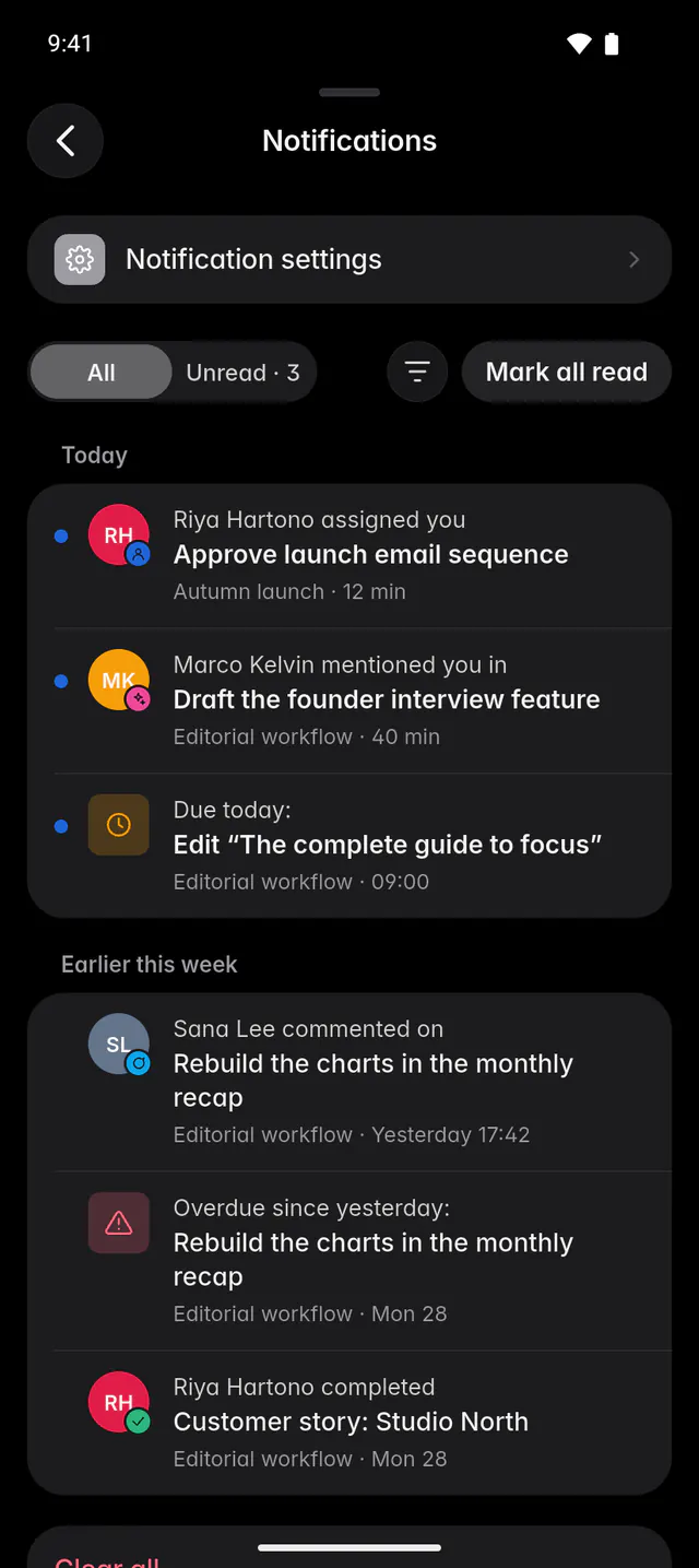 The notification history with assignments, mentions and reminders, grouped by day (an Android phone)