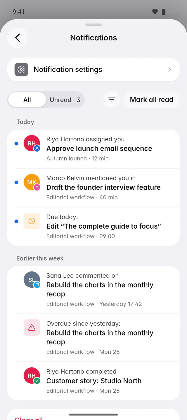 The notification history with assignments, mentions and reminders, grouped by day (an Android phone)