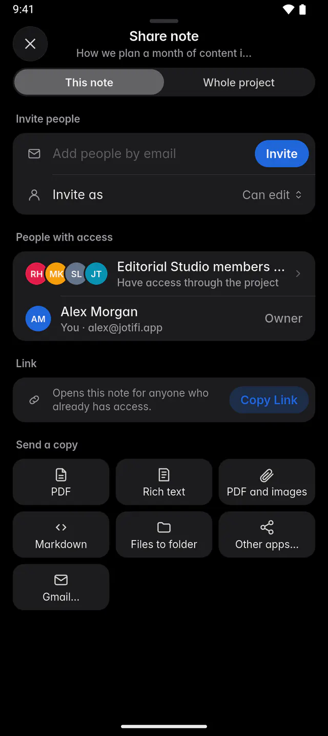 The Share pane with Invite people, the Invite as role, the people with access and pending invitations (an Android phone)