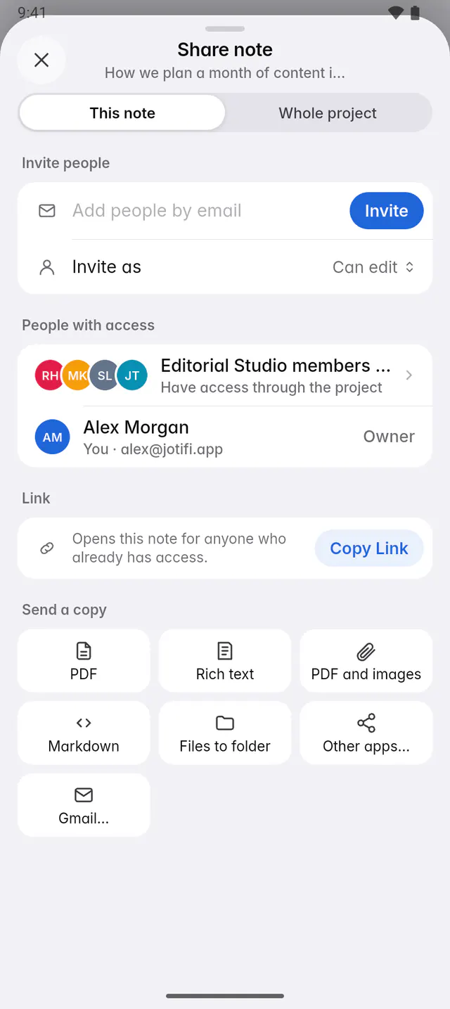 The Share pane with Invite people, the Invite as role, the people with access and pending invitations (an Android phone)