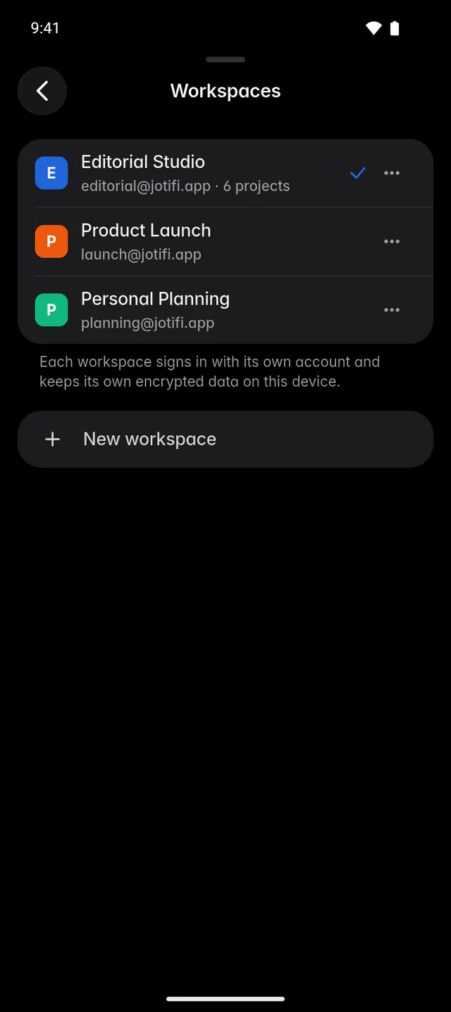The list of workspaces on this device, each with its account (an Android phone)
